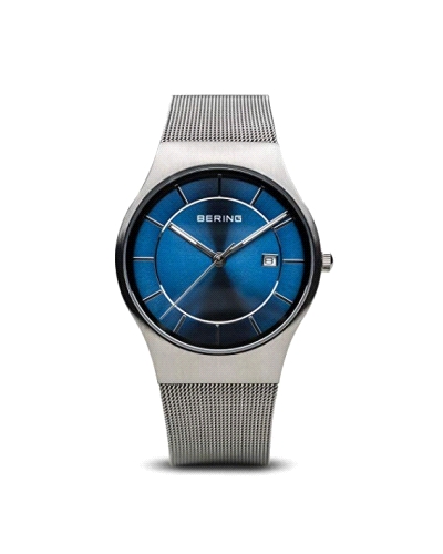 Reloj Bering Classic 11938-003 Elegancia minimalista en acero inoxidable de 38 mm con acabado mate, esfera azul, cristal de zafi