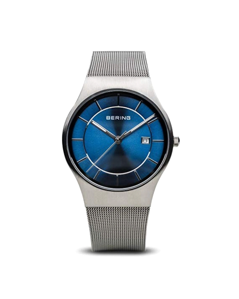 Reloj Bering Classic 11938-003 Elegancia minimalista en acero inoxidable de 38 mm con acabado mate, esfera azul, cristal de zafi