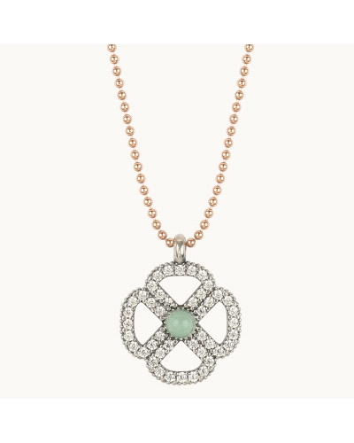 Collar de plata de primera ley (925), símil ópalo azul y circonitas.