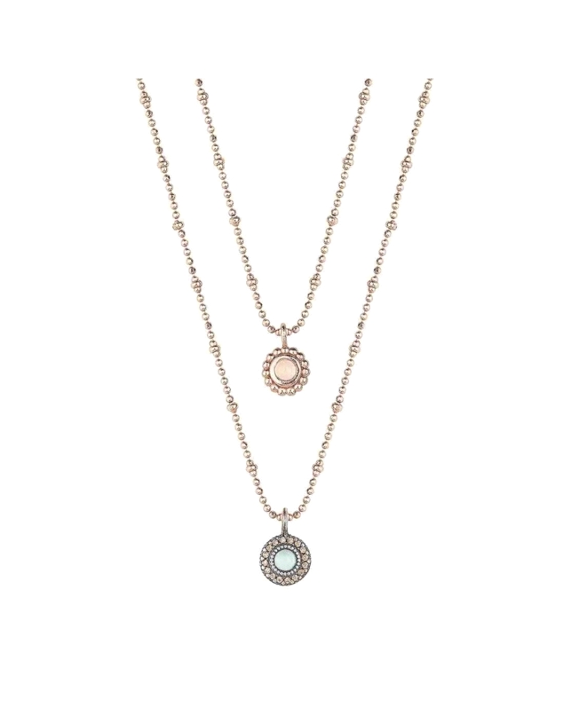 Collar de plata de primera ley (925) con baño de oro rosa, calcedonia, cuarzo rosa y circonitas.