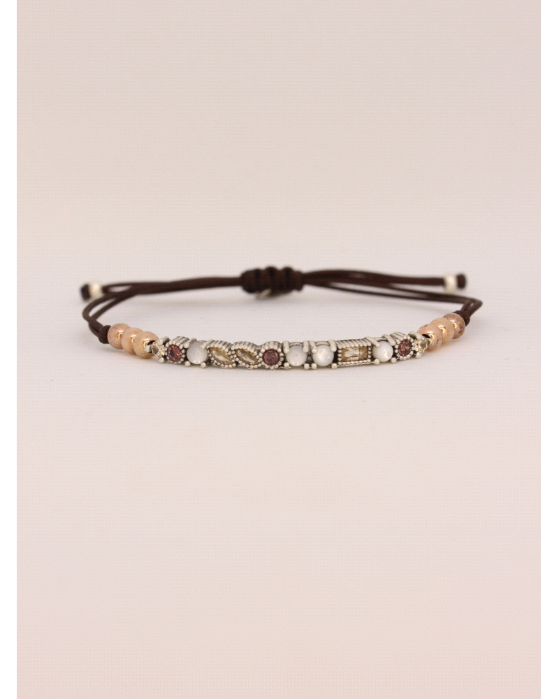 Pulsera de plata de ley con piedra natural nácar blanco y espinelas de colores.
Ajustable a todas las medidas mediante cierre e