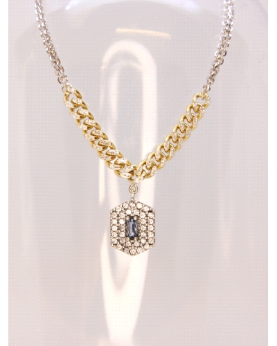 Collar de plata de ley con eslabones dorados. Espinelas blancas y cuarzo hidrotermal azul.