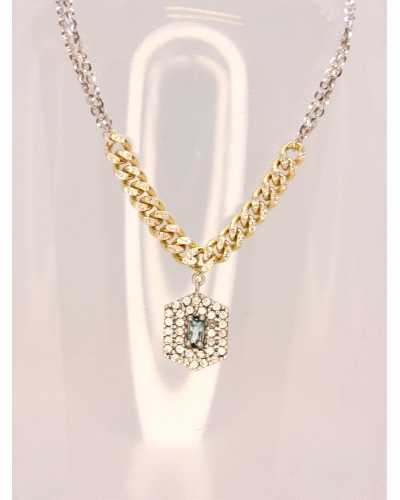 Collar de plata de ley con eslabones dorados. Espinelas blancas y cuarzo hidrotermal paraiba.