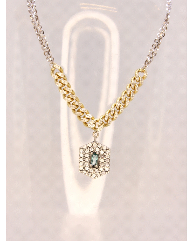 Collar de plata de ley con eslabones dorados. Espinelas blancas y cuarzo hidrotermal paraiba.