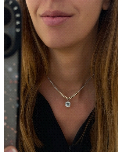 Collar de plata de ley con eslabones dorados. Espinelas blancas y cuarzo hidrotermal paraiba.