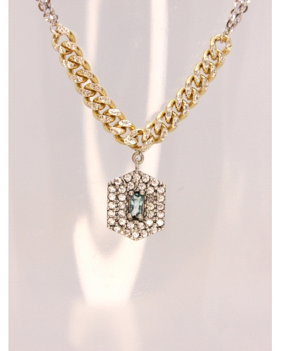 Collar de plata de ley con eslabones dorados. Espinelas blancas y cuarzo hidrotermal paraiba.