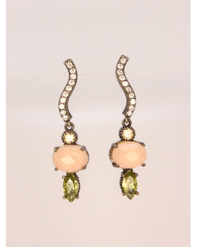 <P>Pendientes de plata de primera ley (925) con cuarzo rosa y circonitas en color blanco,&nbsp;verde y champán.</P>
<P>Cierre d