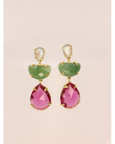 <P>Pendientes de plata de primera ley (925) con baño de oro amarillo y 3 piedras.Labradorita en forma de gota, semicírculo verde