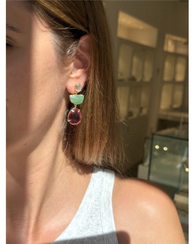 <P>Pendientes de plata de primera ley (925) con baño de oro amarillo y 3 piedras.Labradorita en forma de gota, semicírculo verde