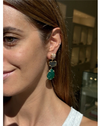 <P>Pendientes de plata de primera ley (925) con baño de oro amarillo y 3 piedras. Color melocotón en forma de gota, semicírculo 