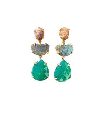 <P>Pendientes de plata de primera ley (925) con baño de oro amarillo y 3 piedras. Color melocotón en forma de gota, semicírculo 