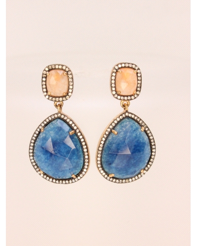 <P>Pendientes de plata de primera ley (925) con baño de oro rosa y piedras en color naranja y azul oscuro rodeasas de circonitas