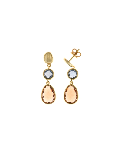 Pendientes de plata de primera ley (925) con baño de oro amarillo y circonitas en color azul y marrón.

Cierre de presión.

