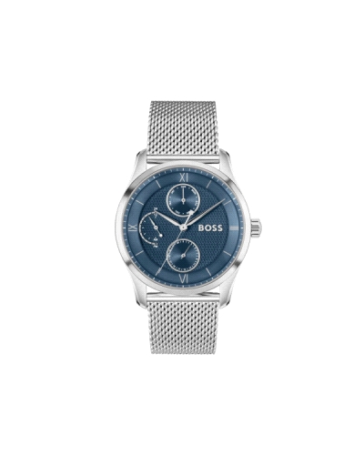 Este reloj BOSS Hombre en acero plateado con esfera azul con textura y diferentes niveles rezuma elegancia y sencillez. Subesfer