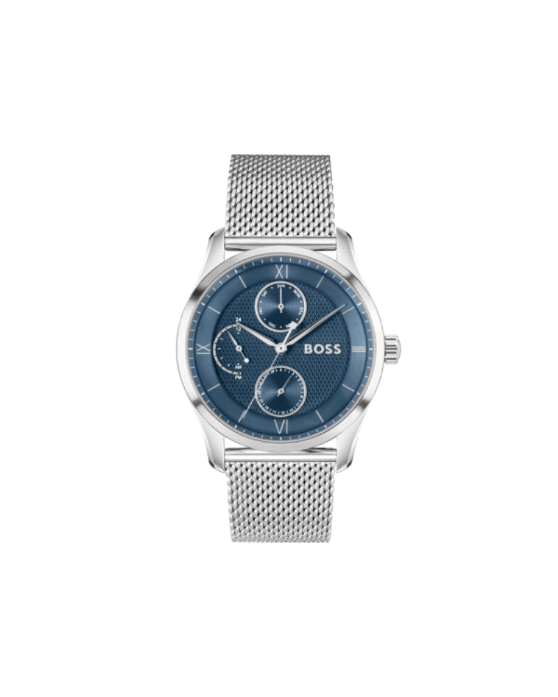 Este reloj BOSS Hombre en acero plateado con esfera azul con textura y diferentes niveles rezuma elegancia y sencillez. Subesfer