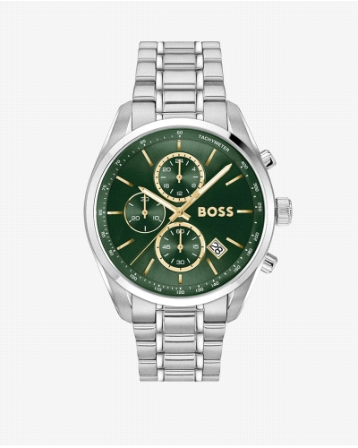 Este reloj BOSS Hombre elaborado en acero plateado con esfera verde cepillada presenta un lujoso diseño inspirado en las carrera