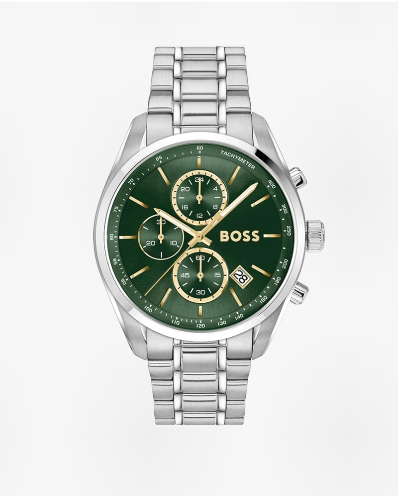 Este reloj BOSS Hombre elaborado en acero plateado con esfera verde cepillada presenta un lujoso diseño inspirado en las carrera