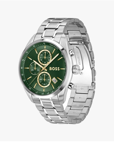 Este reloj BOSS Hombre elaborado en acero plateado con esfera verde cepillada presenta un lujoso diseño inspirado en las carrera