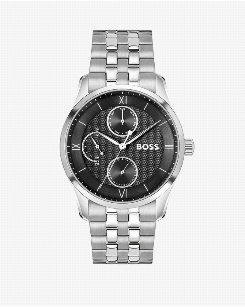 Este reloj BOSS Hombre elaborado en acero plateado con una esfera negra con textura ofrece un aspecto clásico. Subesferas vertic