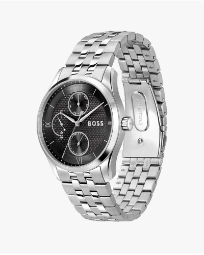 Este reloj BOSS Hombre elaborado en acero plateado con una esfera negra con textura ofrece un aspecto clásico. Subesferas vertic