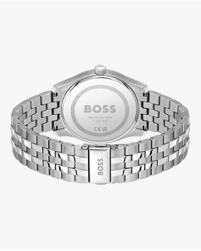 Este reloj BOSS Hombre elaborado en acero plateado con una esfera negra con textura ofrece un aspecto clásico. Subesferas vertic