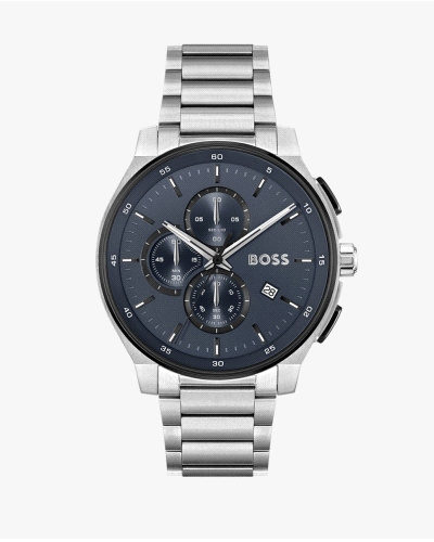 El Hugo Boss 1514189 es un elegante cronógrafo de acero inoxidable con caja de 44 mm y esfera azul. Tiene un cristal mineral, fu