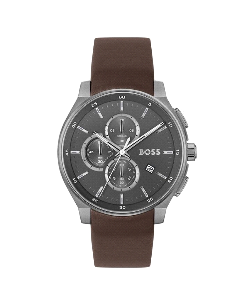 Presenta una caja de acero inoxidable de acabado pulido y cepillado, con un diámetro aproximado de 44 mm, lo que le otorga una p