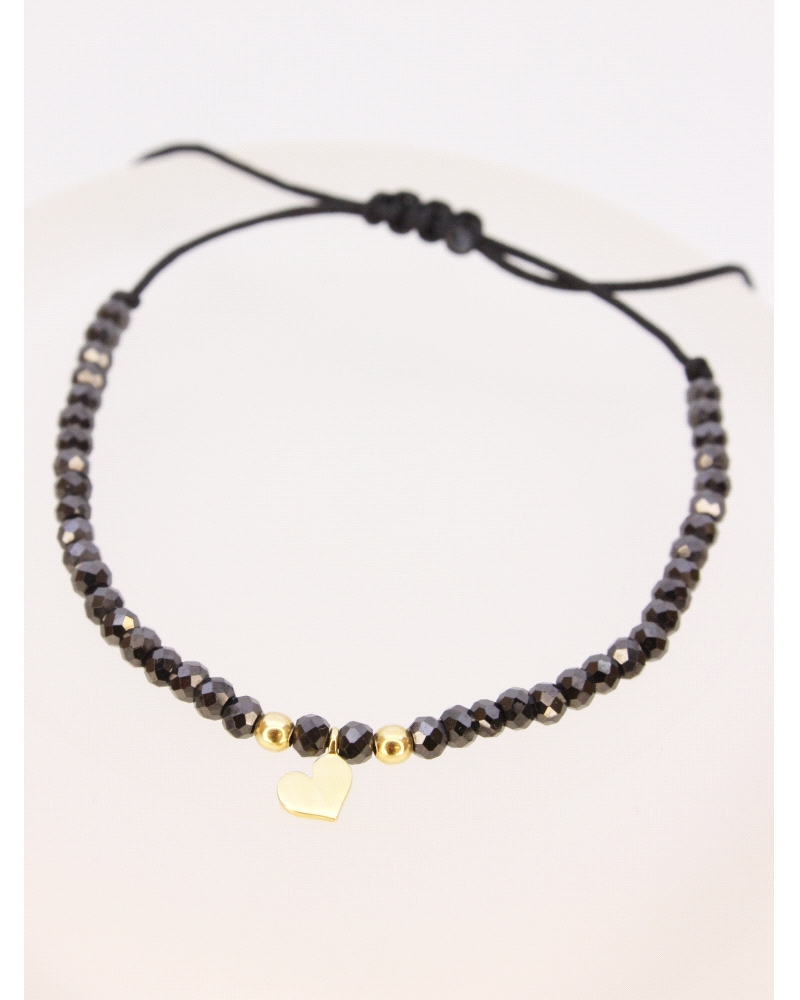Pulsera de oro amarillo de primera ley (750) corazón con espinela negra. ( medida extensible: de 15 a 23 cm)