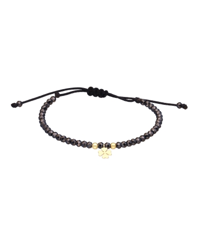 Pulsera de oro amarillo de primera ley (750) trébol&nbsp;con espinela negra. ( medida extensible: de 15 a 23 cm)