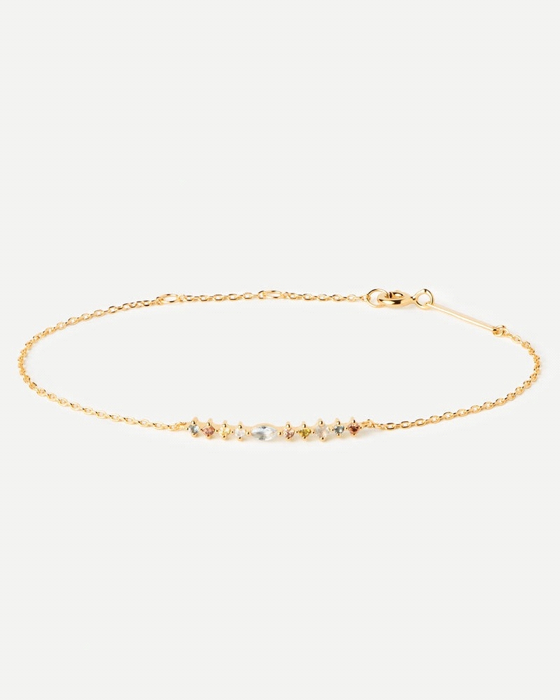 Pulsera cadena adornada con circonitas multicolor con tamaños y formas diferentes