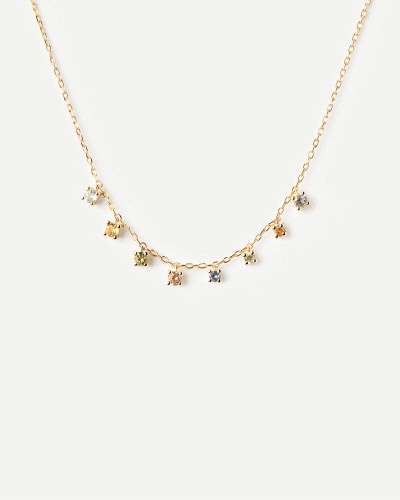 Collar cadena de plata bañada en oro con ocho colgantes de circonitas cúbicas multicolores