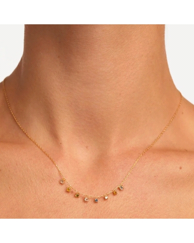 Collar cadena de plata bañada en oro con ocho colgantes de circonitas cúbicas multicolores