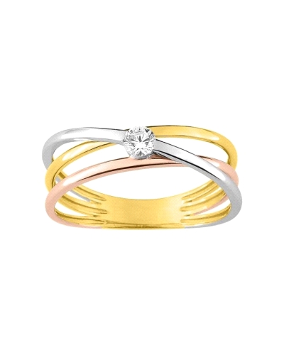 <P>Anillo de oro amarillo,&nbsp;blanco y rosa&nbsp;de 9 quilates con diseño cruzado y una circonita central que aporta un brillo