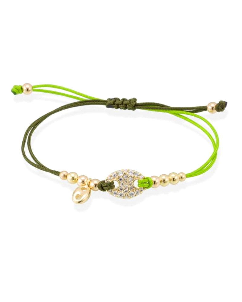 Pulsera de calabrote con pavé de circonitas y macramé en plata dorada