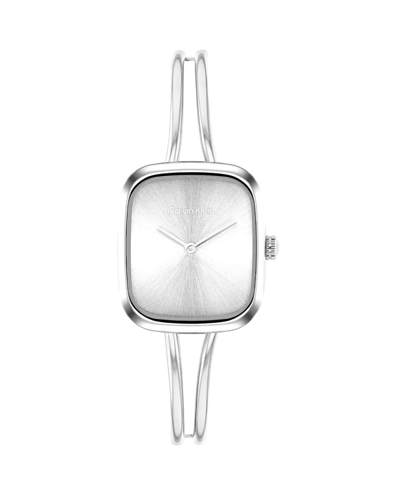 El Calvin Klein CK 25100131 Adore es un reloj de cuarzo para mujer en acero inoxidable plateado, con caja rectangular de 20,8 mm