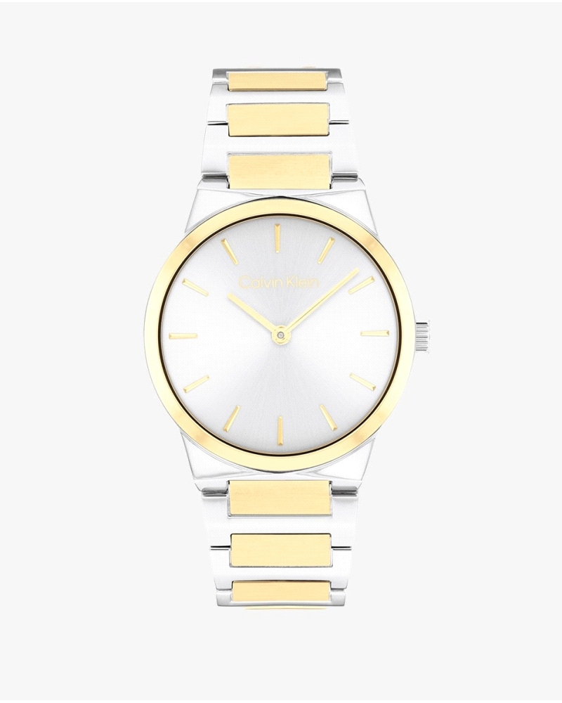 El Calvin Klein CK 25100113 Linear Elegance es un reloj de cuarzo bicolor para mujer, en acero inoxidable plateado y dorado, co