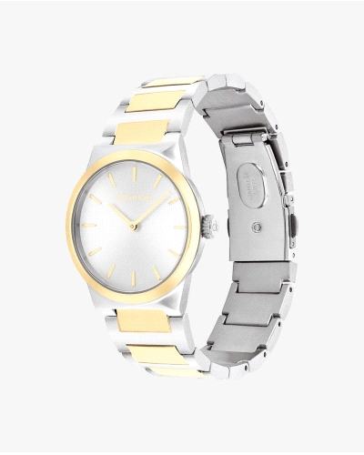 El Calvin Klein CK 25100113 Linear Elegance es un reloj de cuarzo bicolor para mujer, en acero inoxidable plateado y dorado, co