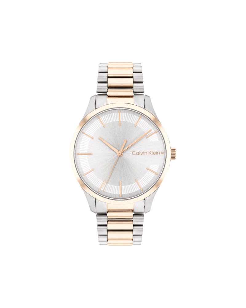 El Calvin Klein CK 25200044 Iconic es un reloj de cuarzo para mujer, bicolor (acero y oro rosa), con caja redonda de 35 mm, esfe