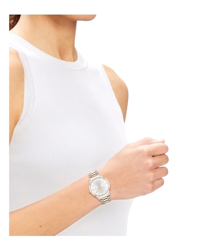 El Calvin Klein CK 25200044 Iconic es un reloj de cuarzo para mujer, bicolor (acero y oro rosa), con caja redonda de 35 mm, esfe