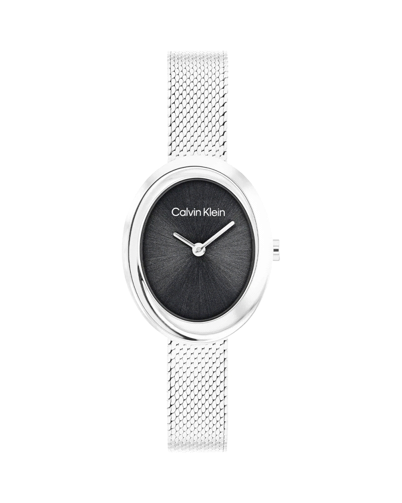 El Calvin Klein CK 25100151 Twisted Bezel es un reloj de cuarzo para mujer en acero inoxidable plateado, con caja ovalada de 24 