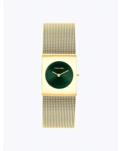 El Calvin Klein CK 25100136 Pulse es un reloj de cuarzo para mujer, en acero inoxidable dorado, con caja cuadrada de 21 mm, esfe