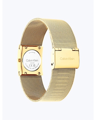 El Calvin Klein CK 25100136 Pulse es un reloj de cuarzo para mujer, en acero inoxidable dorado, con caja cuadrada de 21 mm, esfe