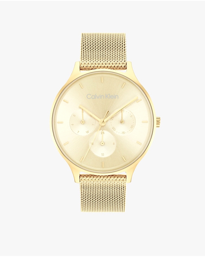 Reloj CK Timeless Mesh 25200103, de cuarzo multifunción para mujer, con caja redonda de acero inoxidable dorado de 38 mm y corre