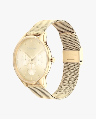 Reloj CK Timeless Mesh 25200103, de cuarzo multifunción para mujer, con caja redonda de acero inoxidable dorado de 38 mm y corre