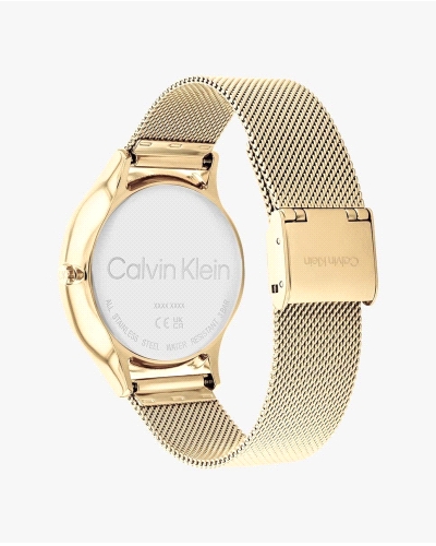 Reloj CK Timeless Mesh 25200103, de cuarzo multifunción para mujer, con caja redonda de acero inoxidable dorado de 38 mm y corre