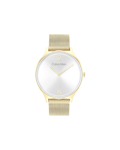 Modelo de cuarzo para mujer, con caja de acero inoxidable de 38 mm y revestimiento IP dorado, esfera blanca y pulsera de malla m