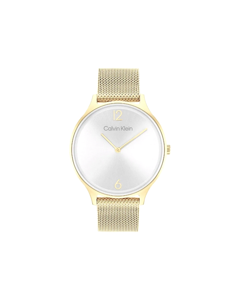 Modelo de cuarzo para mujer, con caja de acero inoxidable de 38 mm y revestimiento IP dorado, esfera blanca y pulsera de malla m