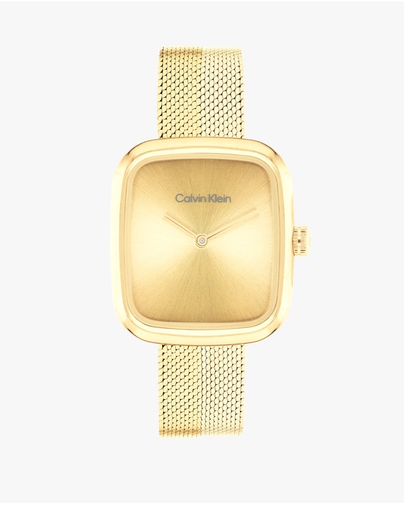 El CK 25100099 Adore es un reloj analógico para mujer, con caja rectangular de acero inoxidable dorado de 26 mm de ancho y braza