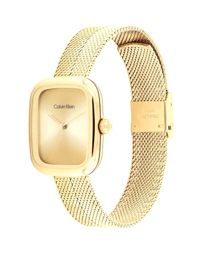 El CK 25100099 Adore es un reloj analógico para mujer, con caja rectangular de acero inoxidable dorado de 26 mm de ancho y braza