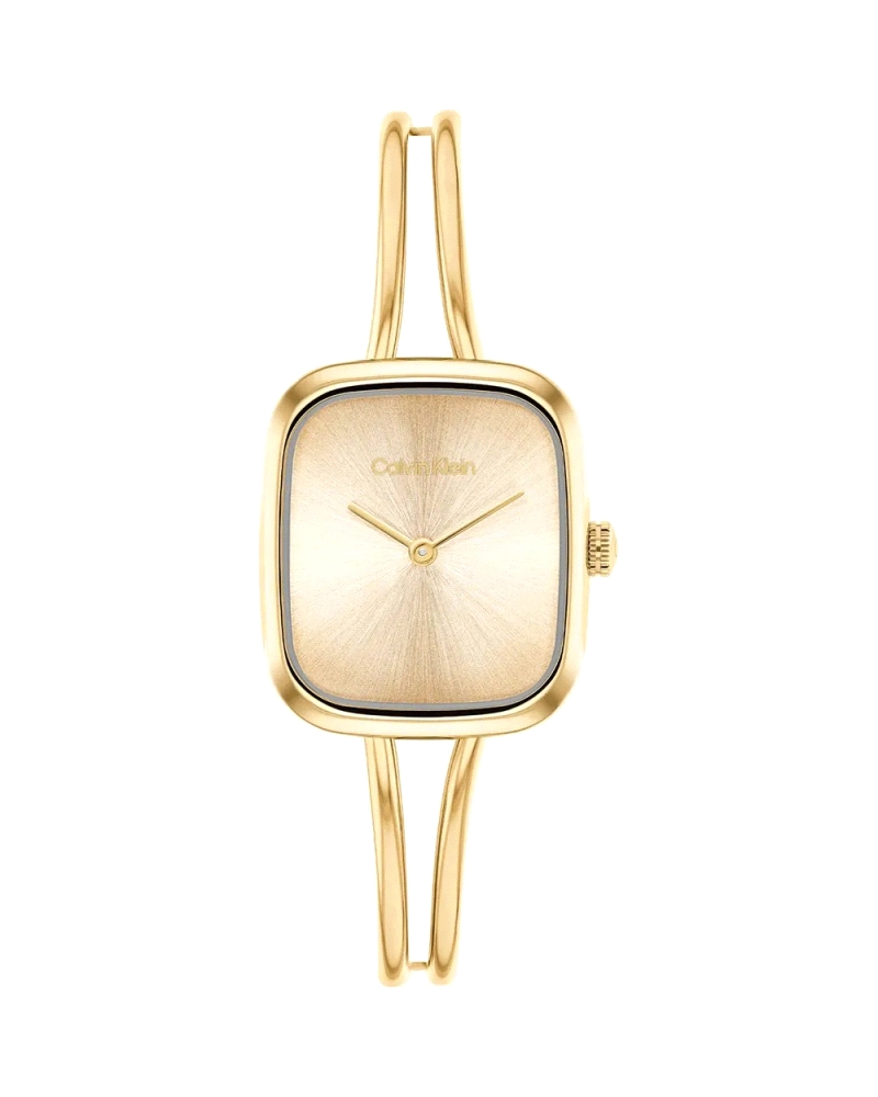 El reloj Calvin Klein 25100132 Adore es un elegante reloj de pulsera para mujer, con un diseño rectangular en tono dorado y una 